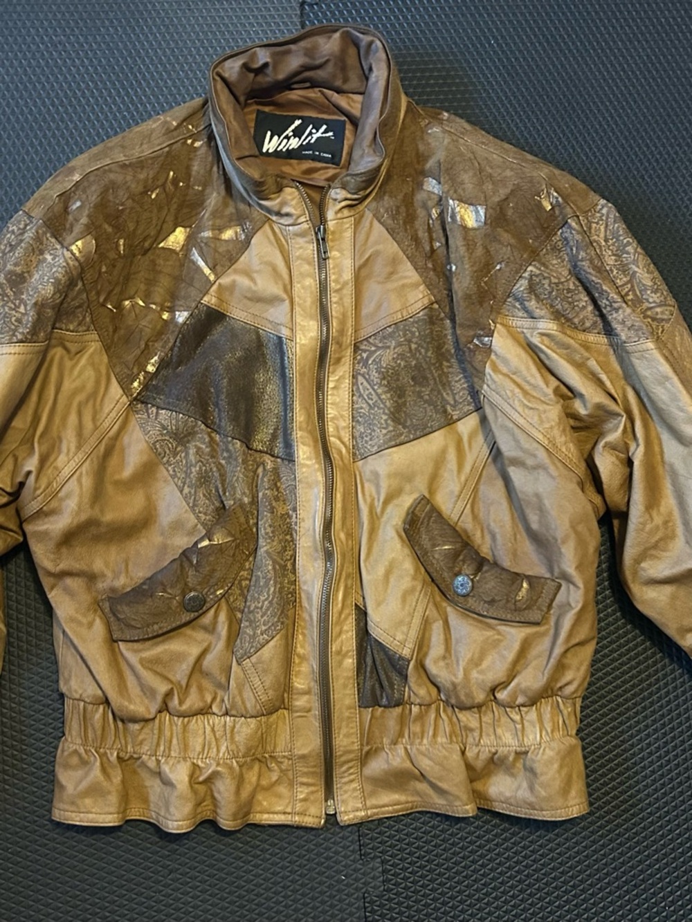 VINTAGE 80s Winlit Patchwork Leather Jacket Size L Western Bomber Jacket Printed